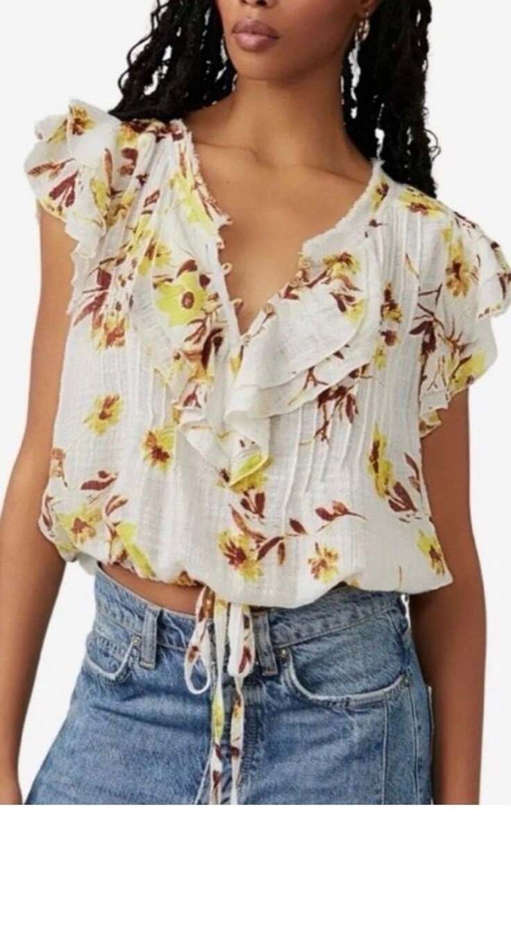 Free People Naya Floral Ruffle Flutter Sleeve Blouse Medium Boho Festival